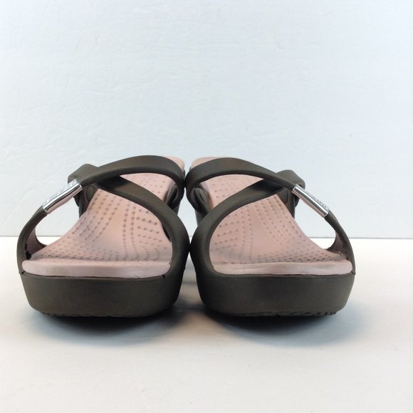 Crocs Cyprus Block Heels Brown Pink Criss Cross Strap - Picture 5 of 16